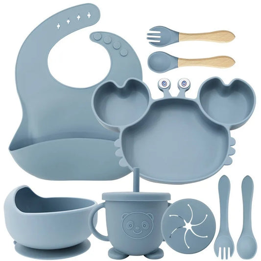 Baby Plate Children's Tableware Sets, 5 Pieces Silicone Baby Tableware Set with Suction Cup Non-Slip Baby Plate Bowl with Bib Spoon Fork Washable BPA Free Baby Tableware for Baby-0