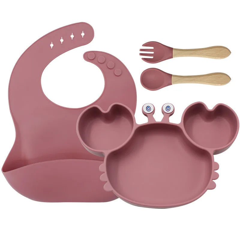Baby Plate Children's Tableware Sets, 5 Pieces Silicone Baby Tableware Set with Suction Cup Non-Slip Baby Plate Bowl with Bib Spoon Fork Washable BPA Free Baby Tableware for Baby-13