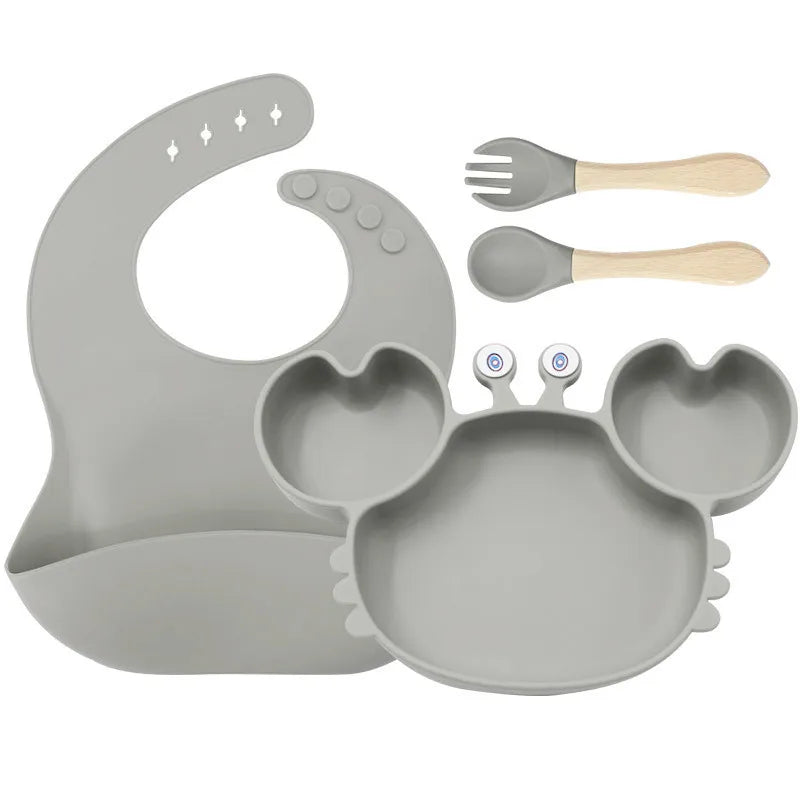 Baby Plate Children's Tableware Sets, 5 Pieces Silicone Baby Tableware Set with Suction Cup Non-Slip Baby Plate Bowl with Bib Spoon Fork Washable BPA Free Baby Tableware for Baby-10