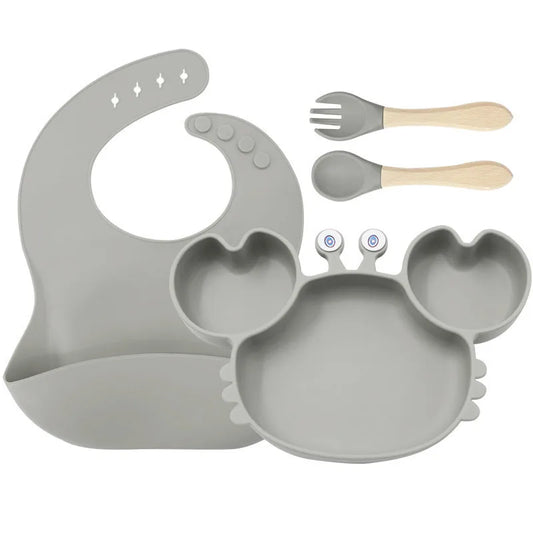 Baby Plate Children's Tableware Sets, 5 Pieces Silicone Baby Tableware Set with Suction Cup Non-Slip Baby Plate Bowl with Bib Spoon Fork Washable BPA Free Baby Tableware for Baby-10