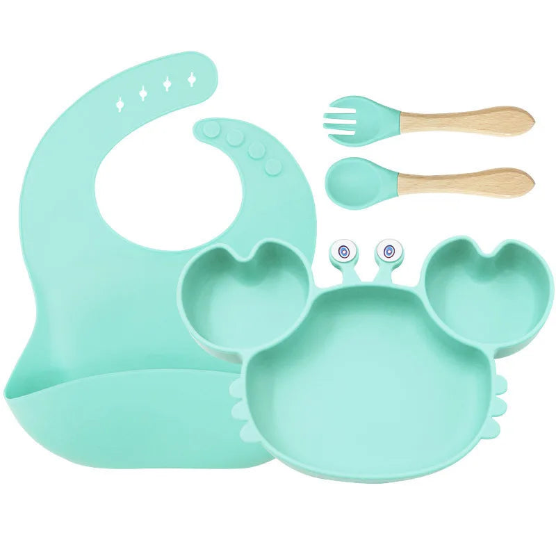 Baby Plate Children's Tableware Sets, 5 Pieces Silicone Baby Tableware Set with Suction Cup Non-Slip Baby Plate Bowl with Bib Spoon Fork Washable BPA Free Baby Tableware for Baby-14