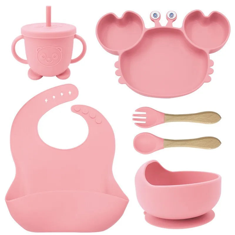 Baby Plate Children's Tableware Sets, 5 Pieces Silicone Baby Tableware Set with Suction Cup Non-Slip Baby Plate Bowl with Bib Spoon Fork Washable BPA Free Baby Tableware for Baby-4