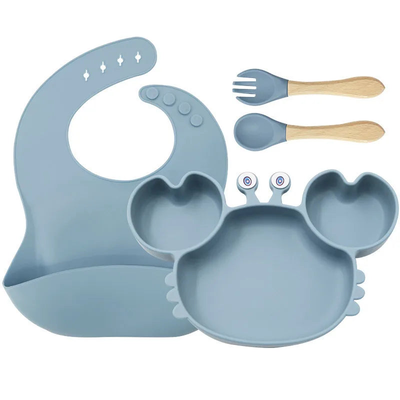 Baby Plate Children's Tableware Sets, 5 Pieces Silicone Baby Tableware Set with Suction Cup Non-Slip Baby Plate Bowl with Bib Spoon Fork Washable BPA Free Baby Tableware for Baby-2