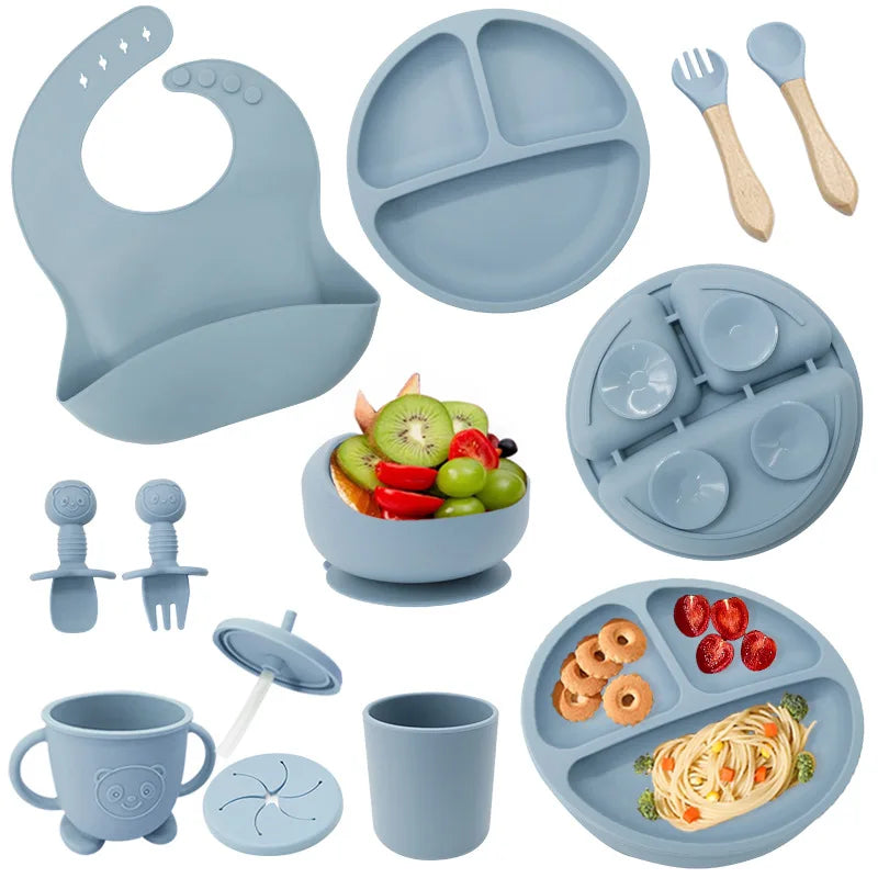 Baby Plate Children's Tableware Sets, 5 Pieces Silicone Baby Tableware Set with Suction Cup Non-Slip Baby Plate Bowl with Bib Spoon Fork Washable BPA Free Baby Tableware for Baby-1