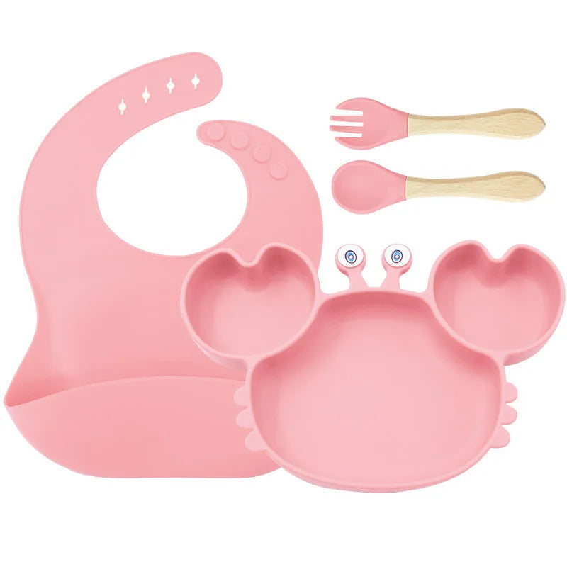 Baby Plate Children's Tableware Sets, 5 Pieces Silicone Baby Tableware Set with Suction Cup Non-Slip Baby Plate Bowl with Bib Spoon Fork Washable BPA Free Baby Tableware for Baby-11