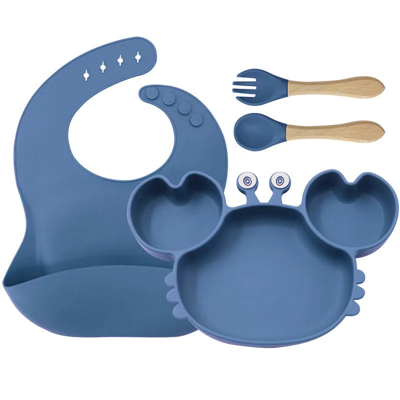Baby Plate Children's Tableware Sets, 5 Pieces Silicone Baby Tableware Set with Suction Cup Non-Slip Baby Plate Bowl with Bib Spoon Fork Washable BPA Free Baby Tableware for Baby-7