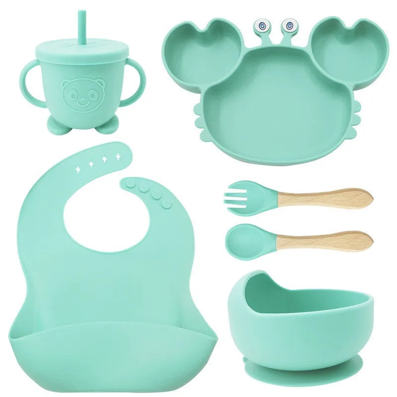 Baby Plate Children's Tableware Sets, 5 Pieces Silicone Baby Tableware Set with Suction Cup Non-Slip Baby Plate Bowl with Bib Spoon Fork Washable BPA Free Baby Tableware for Baby-3