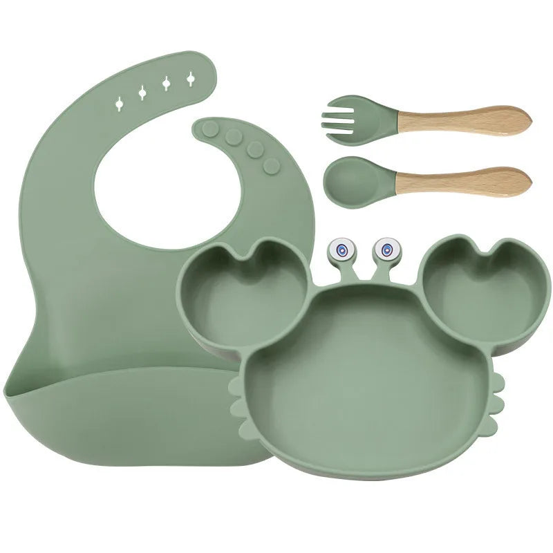 Baby Plate Children's Tableware Sets, 5 Pieces Silicone Baby Tableware Set with Suction Cup Non-Slip Baby Plate Bowl with Bib Spoon Fork Washable BPA Free Baby Tableware for Baby-8