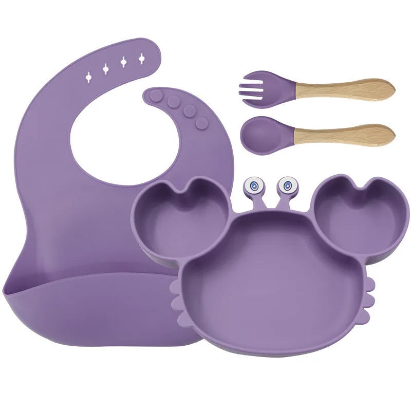 Baby Plate Children's Tableware Sets, 5 Pieces Silicone Baby Tableware Set with Suction Cup Non-Slip Baby Plate Bowl with Bib Spoon Fork Washable BPA Free Baby Tableware for Baby-6
