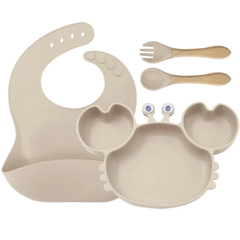 Baby Plate Children's Tableware Sets, 5 Pieces Silicone Baby Tableware Set with Suction Cup Non-Slip Baby Plate Bowl with Bib Spoon Fork Washable BPA Free Baby Tableware for Baby-9