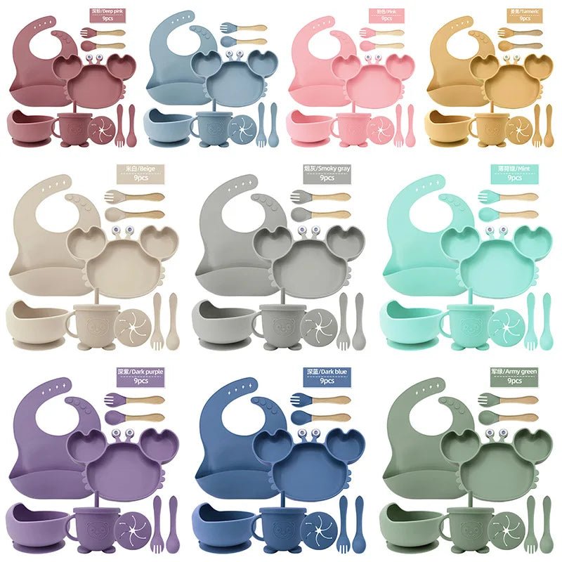Baby Plate Children's Tableware Sets, 5 Pieces Silicone Baby Tableware Set with Suction Cup Non-Slip Baby Plate Bowl with Bib Spoon Fork Washable BPA Free Baby Tableware for Baby-5